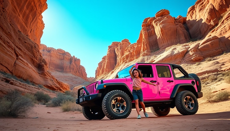 Family enjoying a desert adventure with a pink jeep on vacation in the USA.