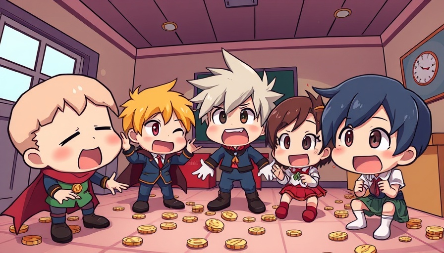 Animated characters excitedly pointing at coins in a room.