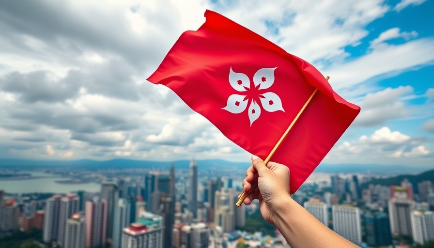 Hong Kong flag waving over cityscape, symbolizing unity.