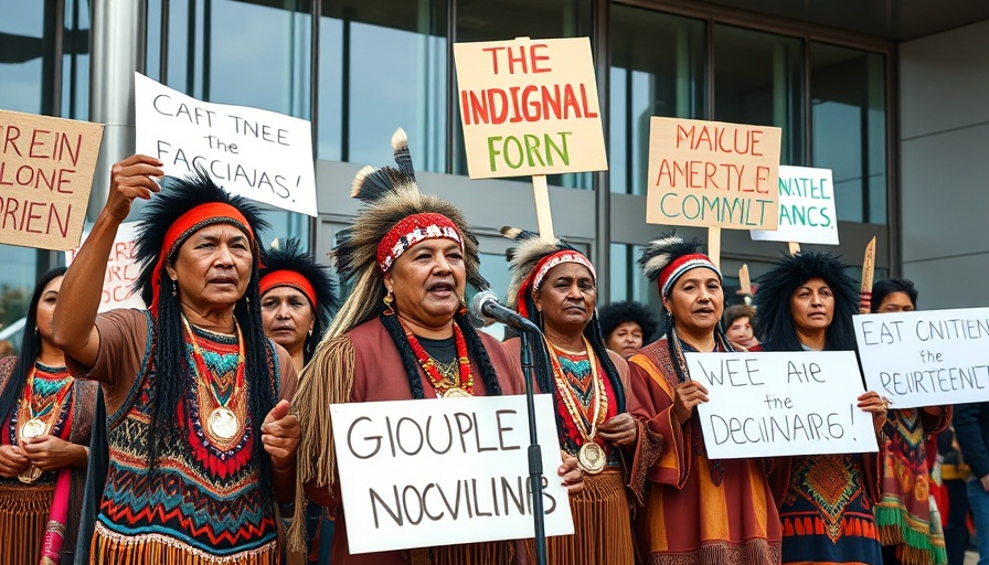 Protestors speaking out against Bill C-5 in front of a modern building.
