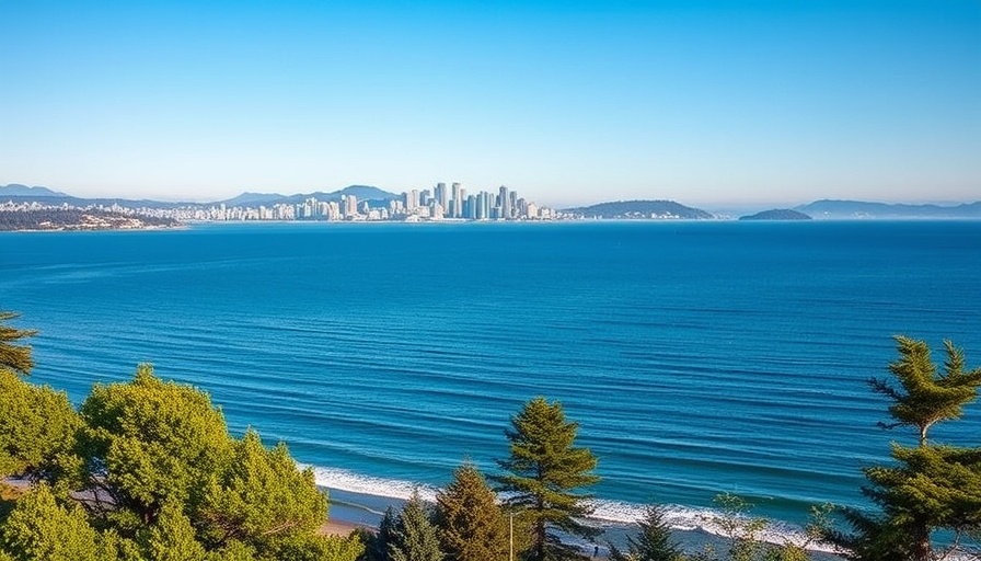 View of Vancouver beach under a sunny sky, distant cityscape.
