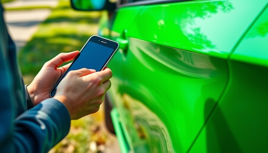 Person checking phone next to green car, related to Vancouver Parking Ticket Scam.