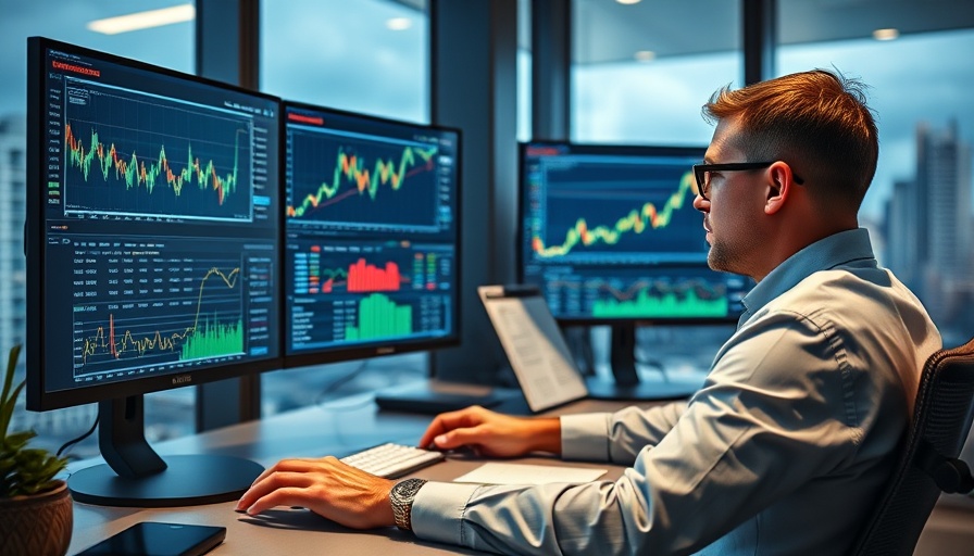 Businessman analyzing relative strength in trading on dual monitors in office.