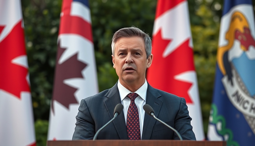 B.C. cabinet shuffle announcement with flags and speaker outdoors.