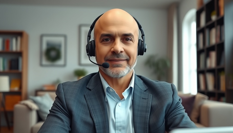 Bald man in suit and headset during video call in home office.