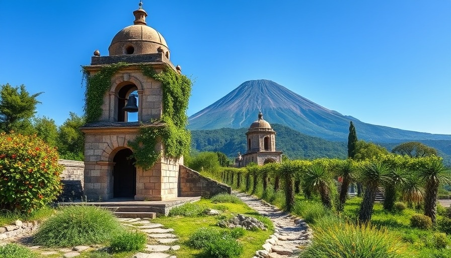 Scenic road trip with ancient bell tower and volcano view
