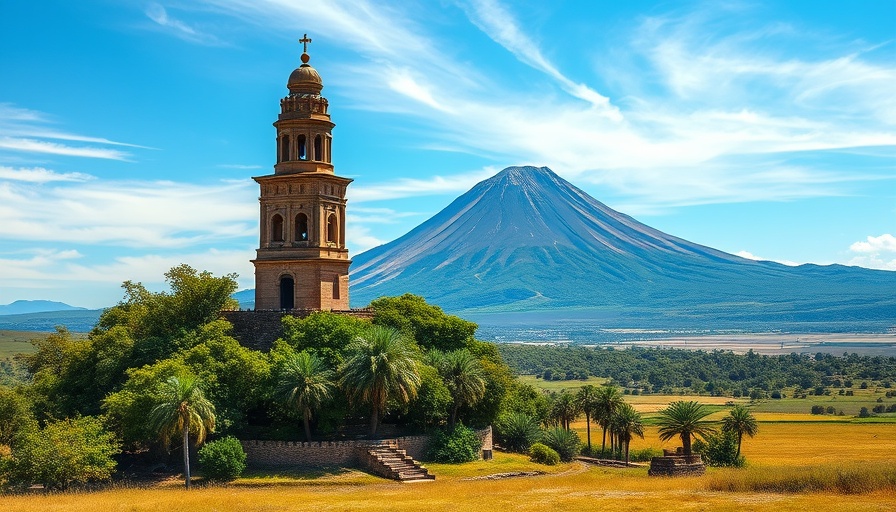 Scenic road trips to ancient tower with volcano view.