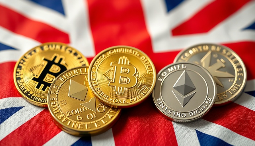 Cryptocurrency coins on UK flag symbolizing political donation ban.
