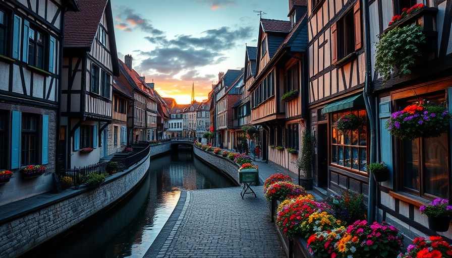 Charming European street by canal at dusk