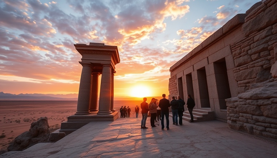 Iran tourist destinations at sunset; ancient structure with tourists and desert.