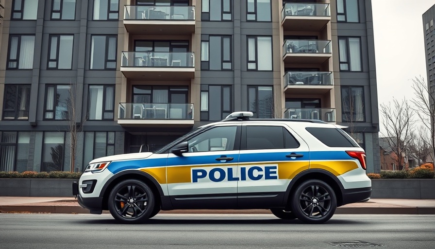 Police vehicle outside apartment building, Richmond B.C., related to domestic violence.