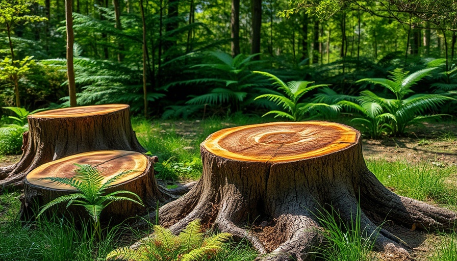 Freshly cut tree stumps in Stanley Park with natural surroundings.