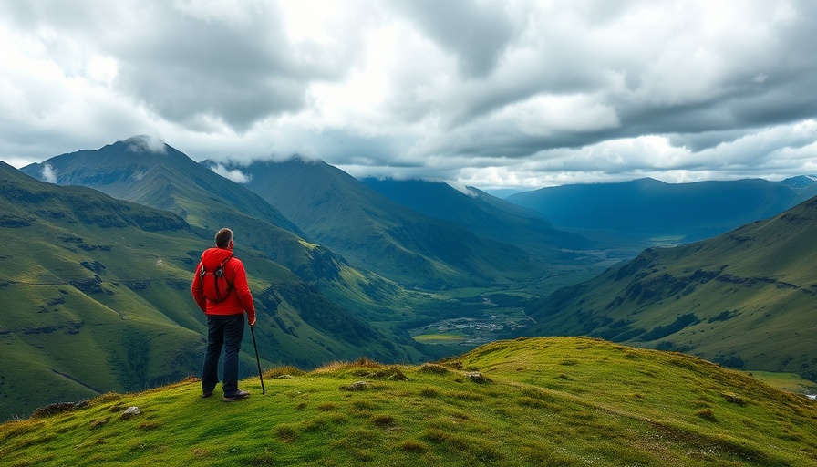 Man in red jacket views Scottish Highlands landscape during road trip.
