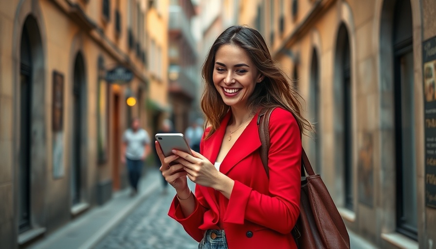 Woman using a phone for real-time translation in a European street.
