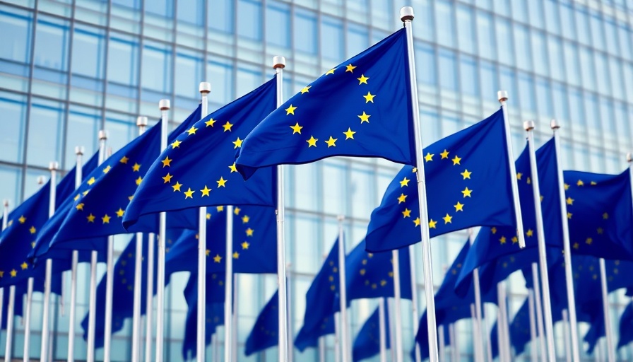 EU flags in front of a modern building, symbolizing ETIAS.