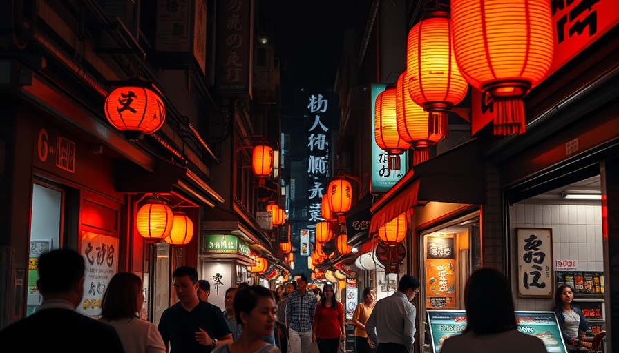 Vibrant Japan's food alley with glowing lanterns and people.