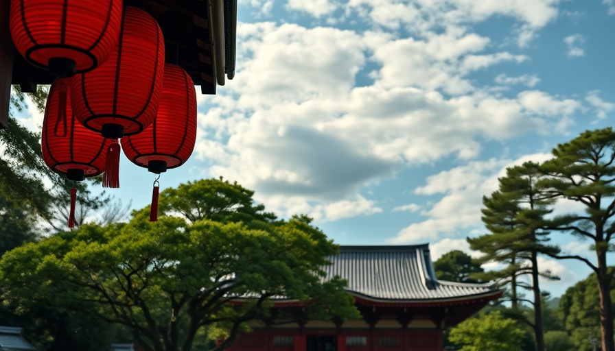 Kansai region travel guide: Silhouetted lanterns and serene temple view.