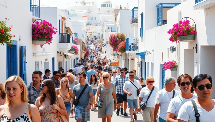 Tourists strolling in Santorini's vibrant streets, Greek charm and architecture.