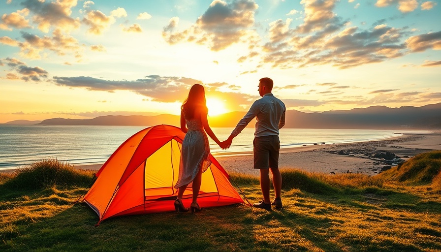 Couple by tent on a beach, perfect for romantic camping tips.