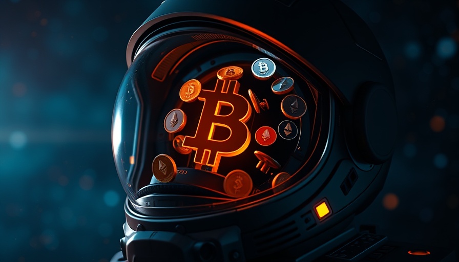 Futuristic astronaut helmet with altcoin logos and Bitcoin.