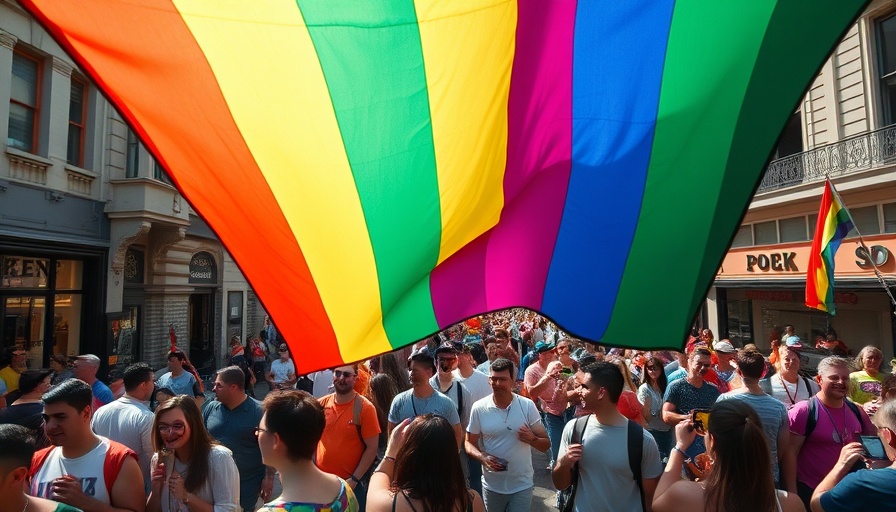 Vancouver pride parade with large rainbow flag, July 29 to August 5 events.