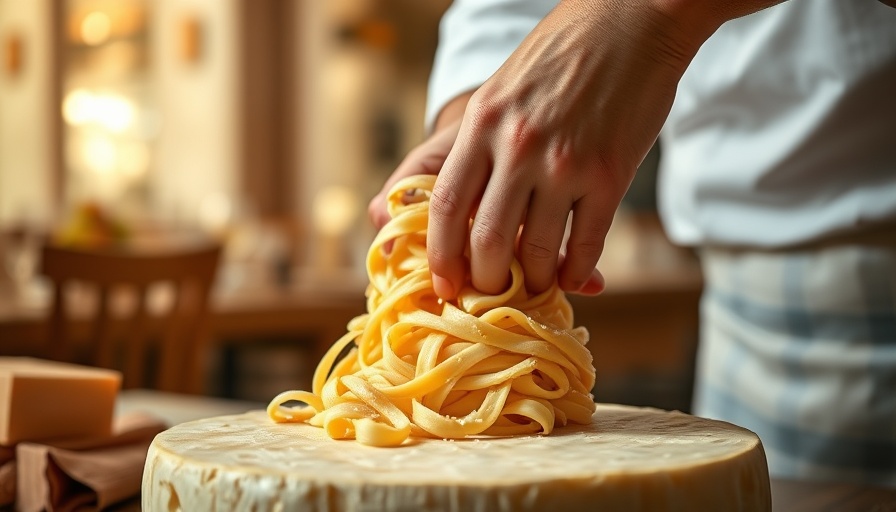Chef preparing pasta in a cheese wheel, illustrating an Island Elegant Dining Experience.