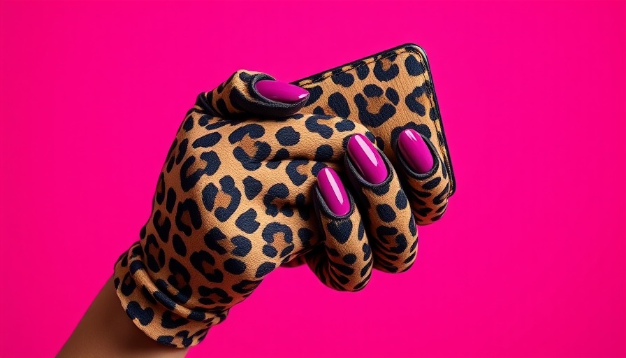 Leopard print glove holding cold wallet against pink background.