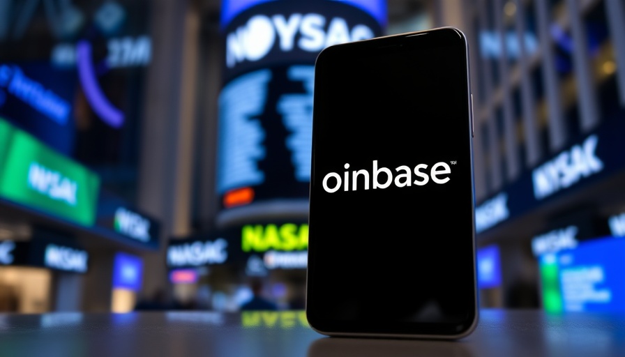 Coinbase app logo on phone with blurred NASDAQ background.