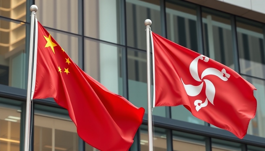 Flags of China and Hong Kong in front of a modern building, symbolizing Hong Kong stablecoin licensing regime.