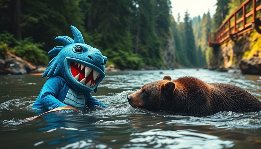 Seattle Kraken mascot bear encounter in a forest river