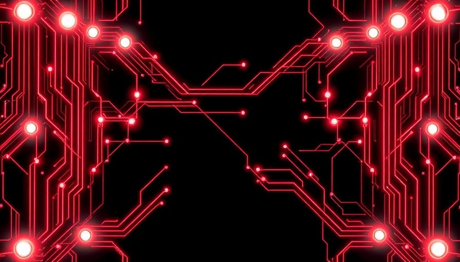 Neon red AI circuits on black backdrop, symbolizing tech in crypto scams.
