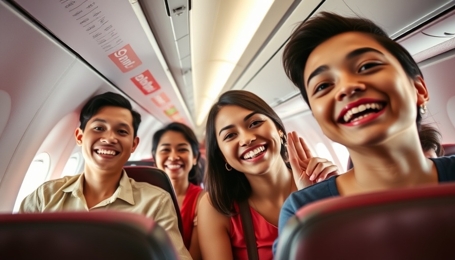 AirAsia flight proposal, group of passengers smiling inside airplane cabin.