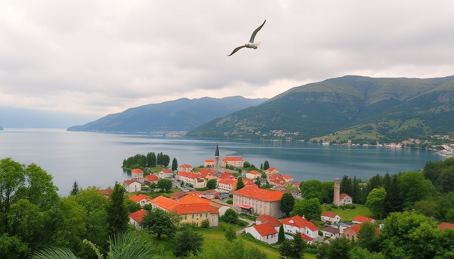 Scenic view of Kastoria, Greece with town, lake, and mountains.