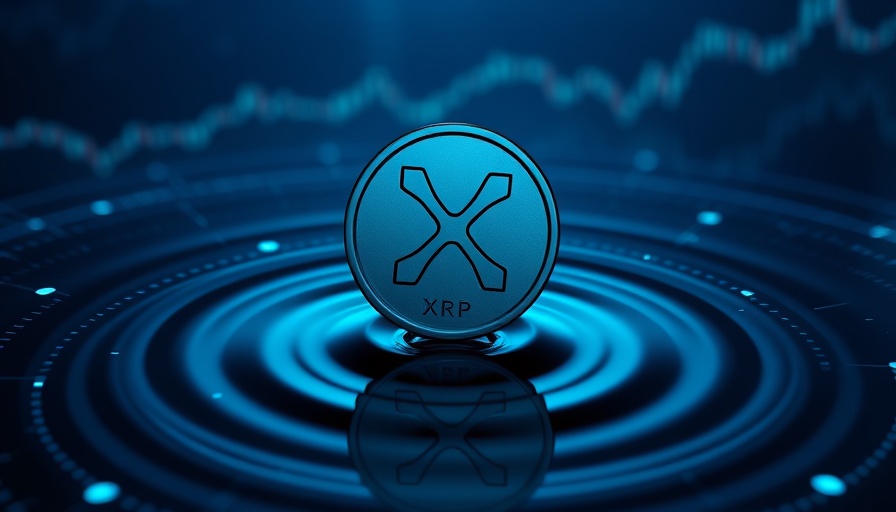 Futuristic visual of XRP coin over digital waves and price charts.