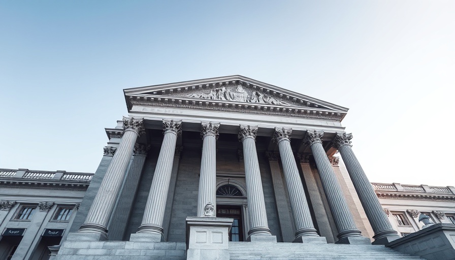 Grand courthouse exterior with imposing columns, Tornado Cash trial verdict setting.
