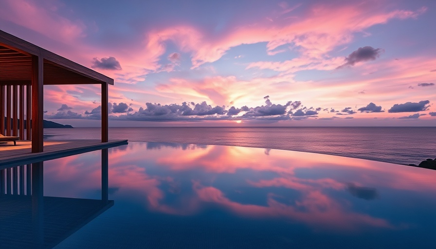 Elegant seaside infinity pool at sunset, modern pavilion.