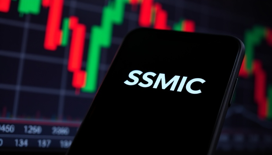 SMIC logo on smartphone with stock chart showing market fluctuation.
