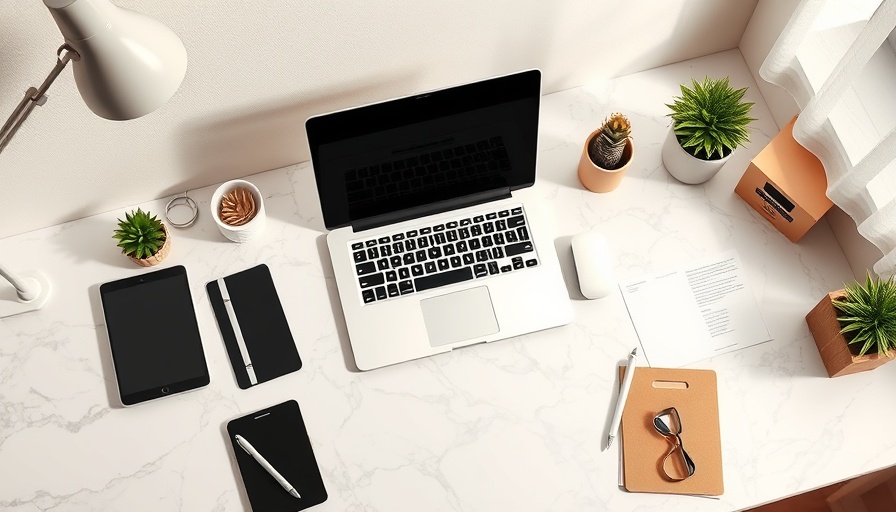 Organized workspace with laptop and supplies for business travel tips.