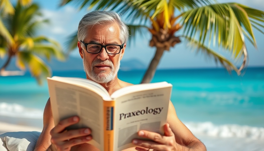 Middle-aged man reading about economics on a beach, highlighting value of money in trading.