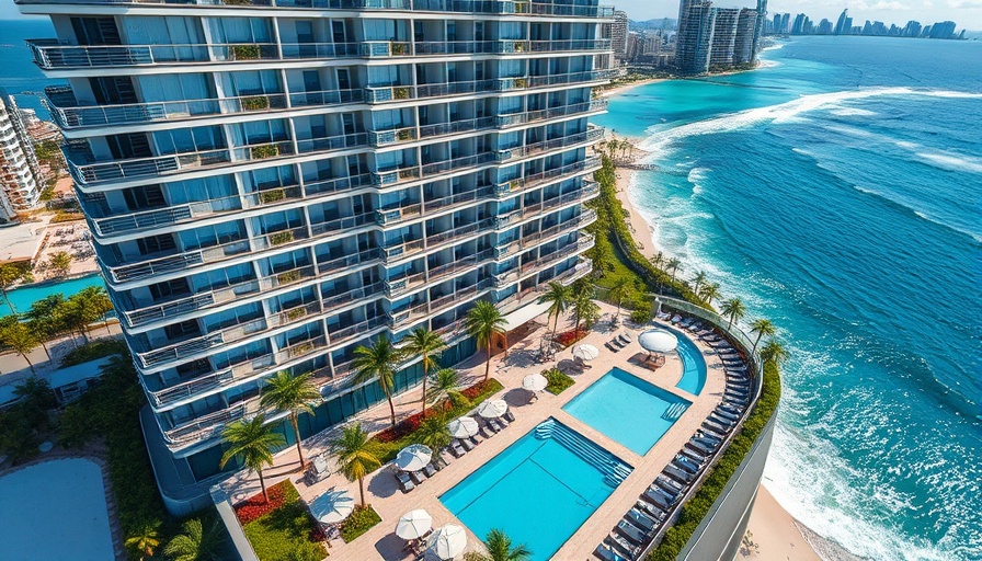 Modern high-rise hotel with oceanfront pool and palm trees in Daytona Beach.