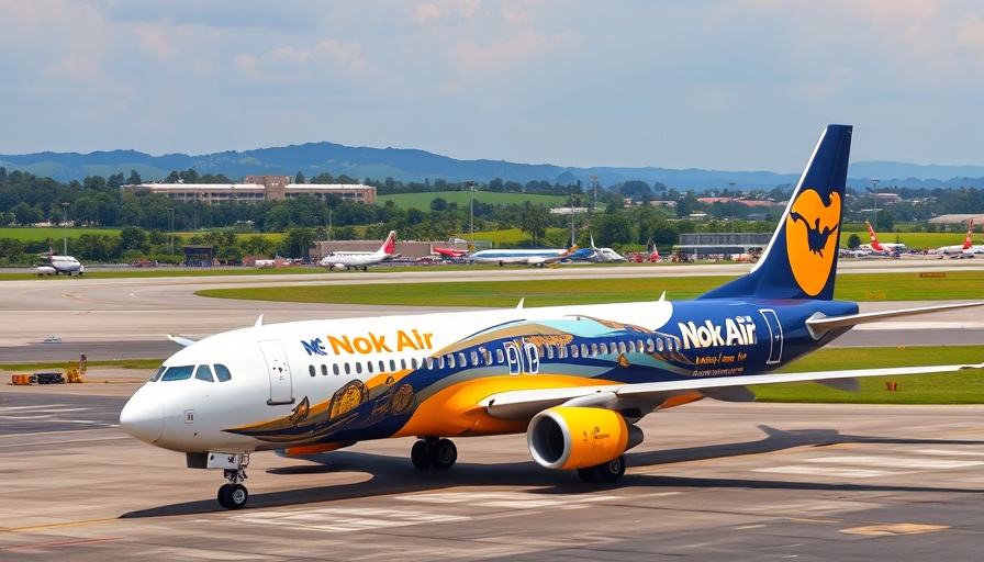 Nok Air airplane on airport tarmac highlighting routes from Hyderabad and Mumbai to Bangkok.