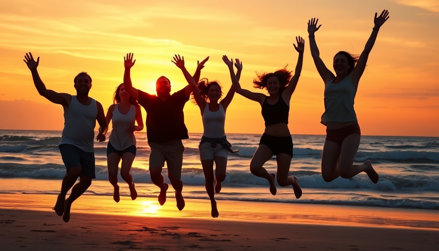 Silhouetted figures jumping joyfully at sunset on a beach, expressing freedom.