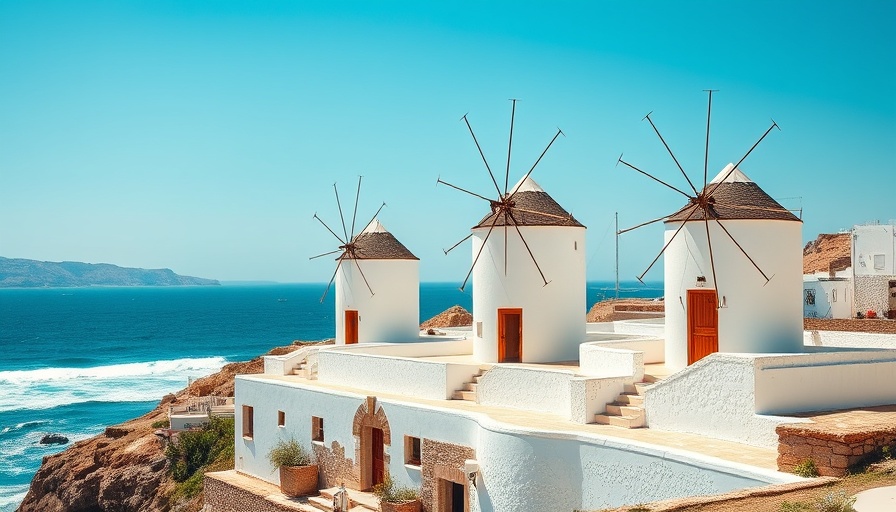 Mykonos summer destination with iconic windmills by the sea.