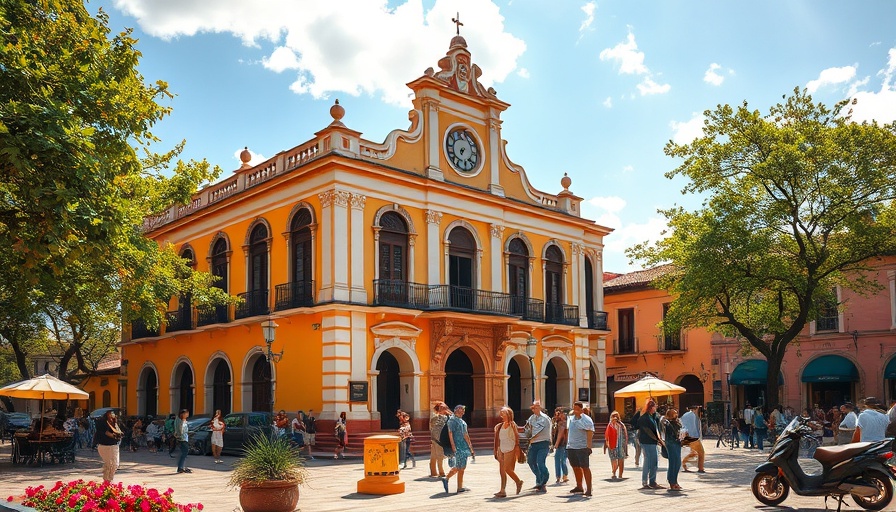 Colonial building in Loreto with people exploring, bright sunny day.