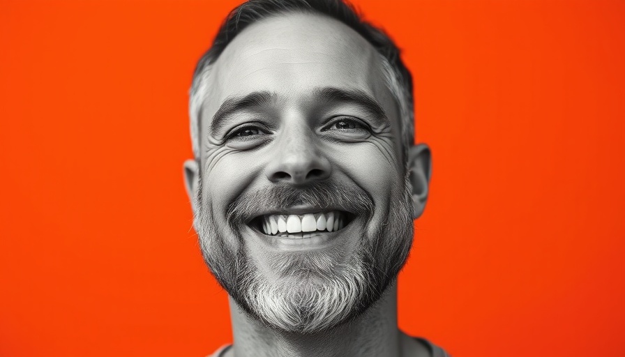 Grayscale portrait of a smiling man with a beard on an orange background.