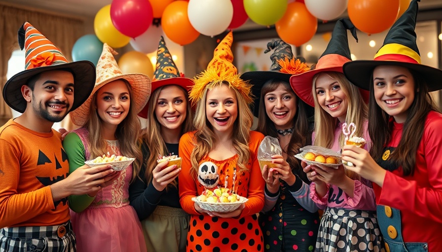 Halloween costume party with friends enjoying candy indoors.