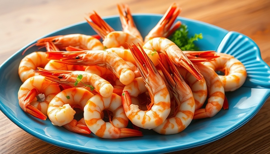 Delicious shrimp platter on blue plate, US Gulf Coast.