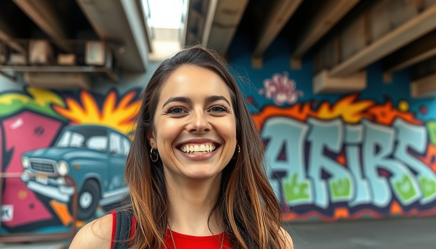 Woman smiling near street art mural - July 2025 travel recap