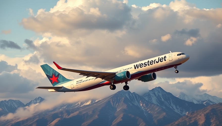 WestJet airplane taking off against a mountain backdrop.