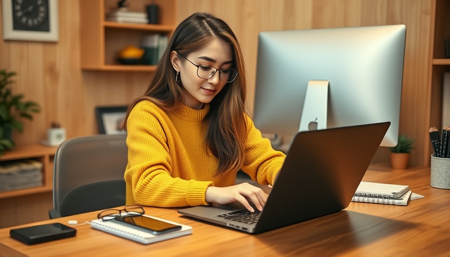 Young woman using laptop for remote work in cozy home office